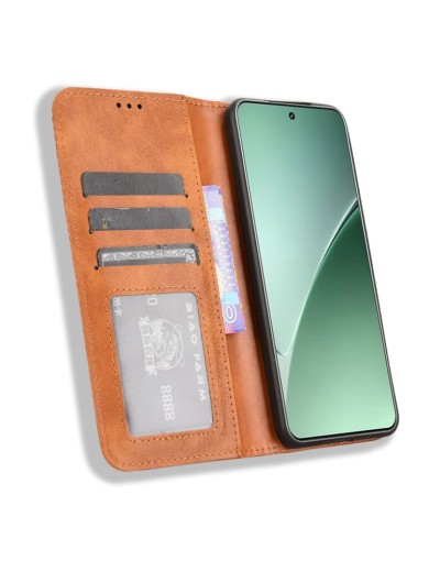 Калъф от еко кожа с ретро текстура тип портмоне за Xiaomi 15 Pro - кафяв