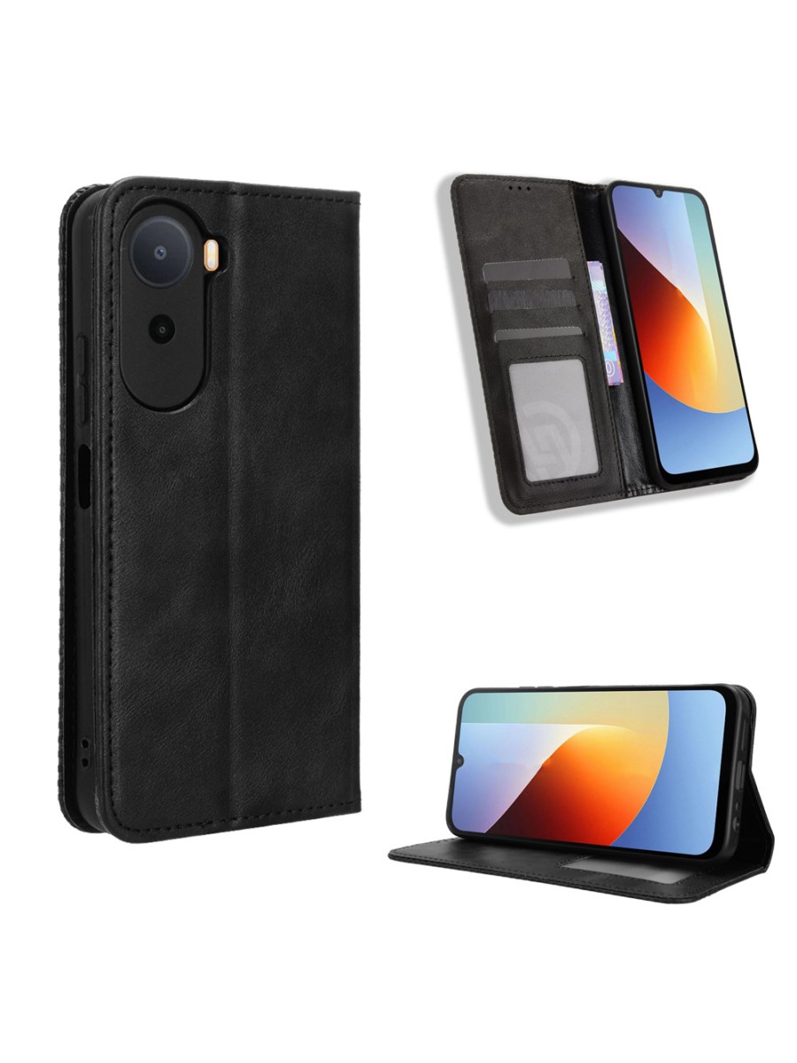 Калъф от еко кожа с ретро текстура тип портмоне за Xiaomi Poco C81 Pro - черен