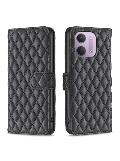 Калъф от еко кожа тип портмоне с ромбовидни шарки за Xiaomi Poco C85 4G - черен