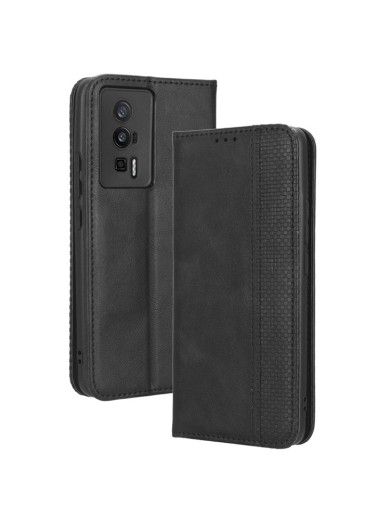 Калъф от еко кожа с ретро текстура тип портмоне за Xiaomi Poco F5 Pro - черен Калъф от еко кожа с ретро текстура тип портмоне за Xiaomi Poco F5 Pro - черен
