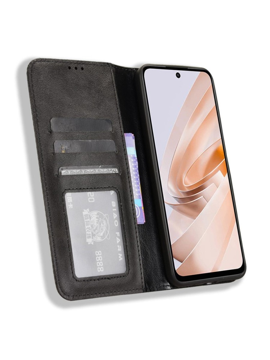 Калъф от еко кожа с ретро текстура тип портмоне за Xiaomi Poco M6 4G - черен