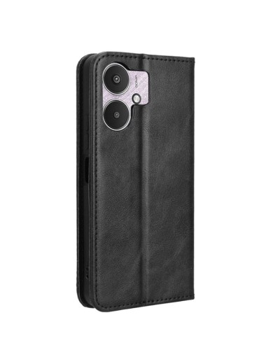Калъф от еко кожа с ретро текстура тип портмоне за Xiaomi Poco M6 - черен