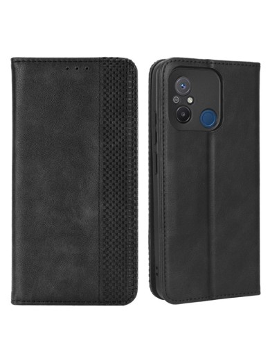 Калъф от еко кожа с ретро текстура тип портмоне за Xiaomi Redmi 12C - черен Калъф от еко кожа с ретро текстура тип портмоне за Xiaomi Redmi 12C - черен