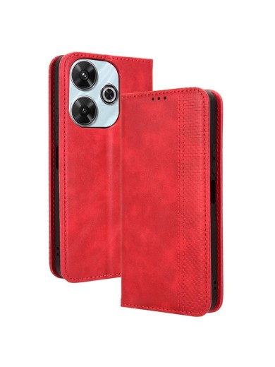 Калъф от еко кожа с ретро текстура тип портмоне за Xiaomi Redmi 13 - червен