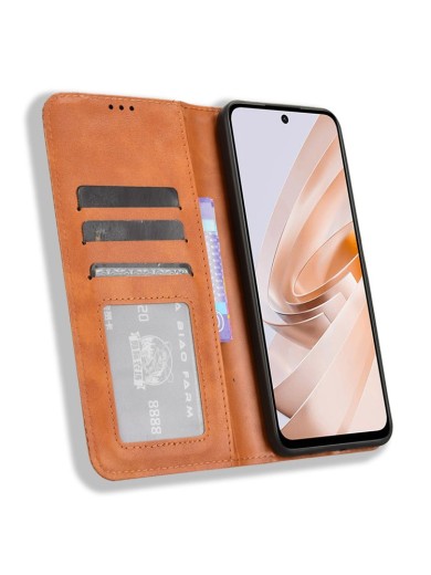 Калъф от еко кожа с ретро текстура тип портмоне за Xiaomi Redmi 13 - кафяв