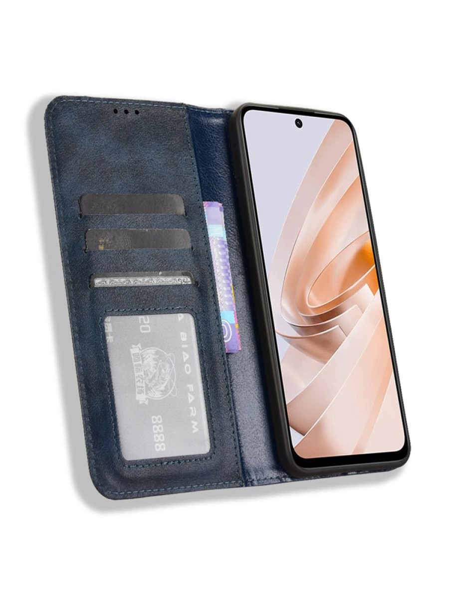 Калъф от еко кожа с ретро текстура тип портмоне за Xiaomi Redmi 13 - син