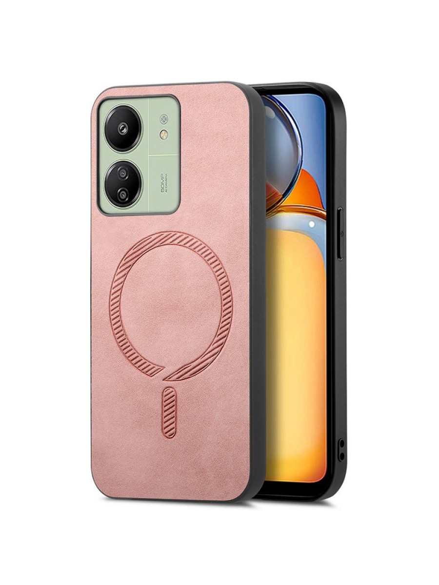 Предпазен гръб от еко кожа съвместим с MagSafe за Xiaomi Redmi 13C - розов