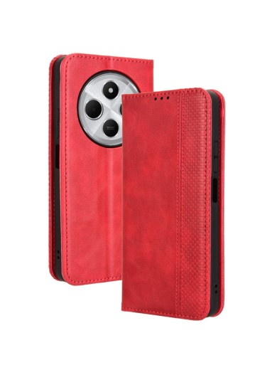 Калъф от еко кожа с ретро текстура тип портмоне за Xiaomi Redmi 14R - червен