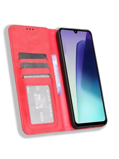 Калъф от еко кожа с ретро текстура тип портмоне за Xiaomi Redmi 14R - червен