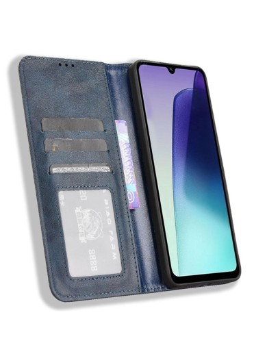 Калъф от еко кожа с ретро текстура тип портмоне за Xiaomi Redmi 14R - син