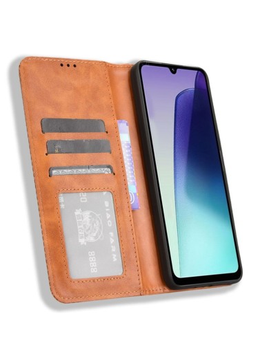Калъф от еко кожа с ретро текстура тип портмоне за Xiaomi Redmi 14R - кафяв