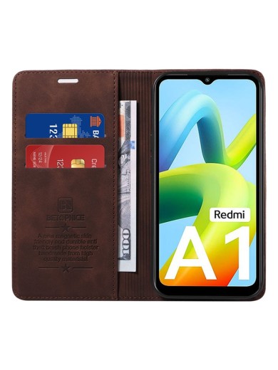 Калъф от еко кожа тип портмоне с RFID  блокираща технология за Xiaomi Redmi A2 - кафяв