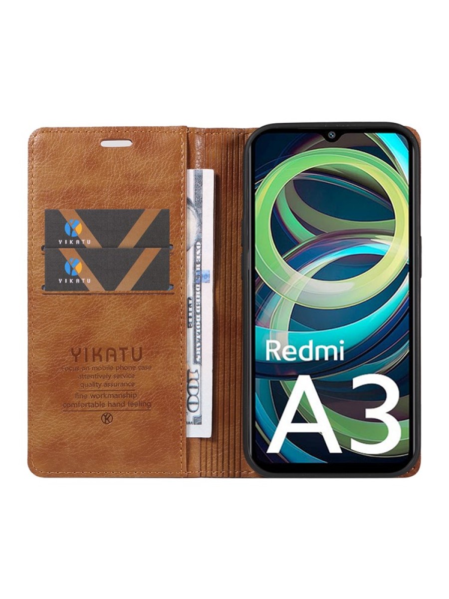 Калъф от еко кожа тип портмоне за Xiaomi Redmi A3 - кафяв