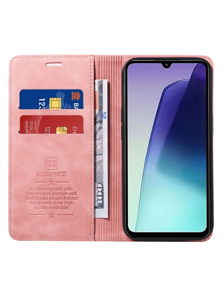 Калъф от еко кожа тип портмоне с RFID  блокираща технология за Xiaomi Redmi A3 Pro - розов