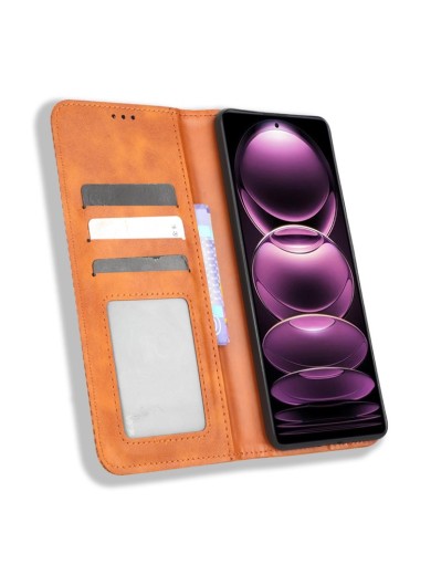 Калъф от еко кожа с ретро текстура тип портмоне за Xiaomi Redmi Note 12 Pro+ - кафяв