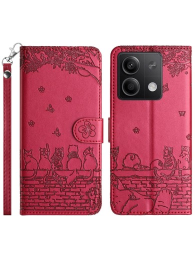 Калъф от еко кожа с шарка на котки тип портмоне за Xiaomi Redmi Note 13 - червен