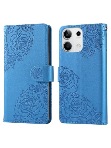 Калъф от еко кожа с шарки на роза тип портмоне за Xiaomi Redmi Note 13 - син
