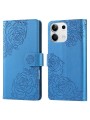 Калъф от еко кожа с шарки на роза тип портмоне за Xiaomi Redmi Note 13 - син