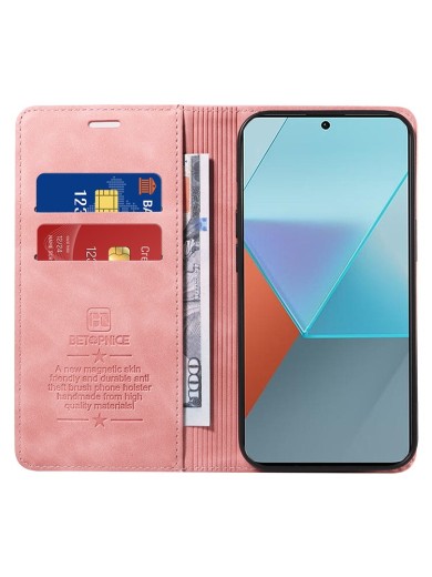 Калъф от еко кожа тип портмоне с RFID  блокираща технология за Xiaomi Redmi Note 13 Pro - розов