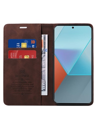 Калъф от еко кожа тип портмоне с RFID  блокираща технология за Xiaomi Redmi Note 13 Pro - кафяв