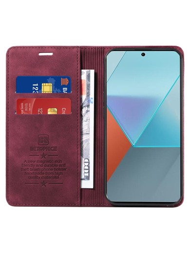 Калъф от еко кожа тип портмоне с RFID  блокираща технология за Xiaomi Redmi Note 13 Pro - червен