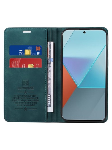 Калъф от еко кожа тип портмоне с RFID  блокираща технология за Xiaomi Redmi Note 13 Pro - зелен