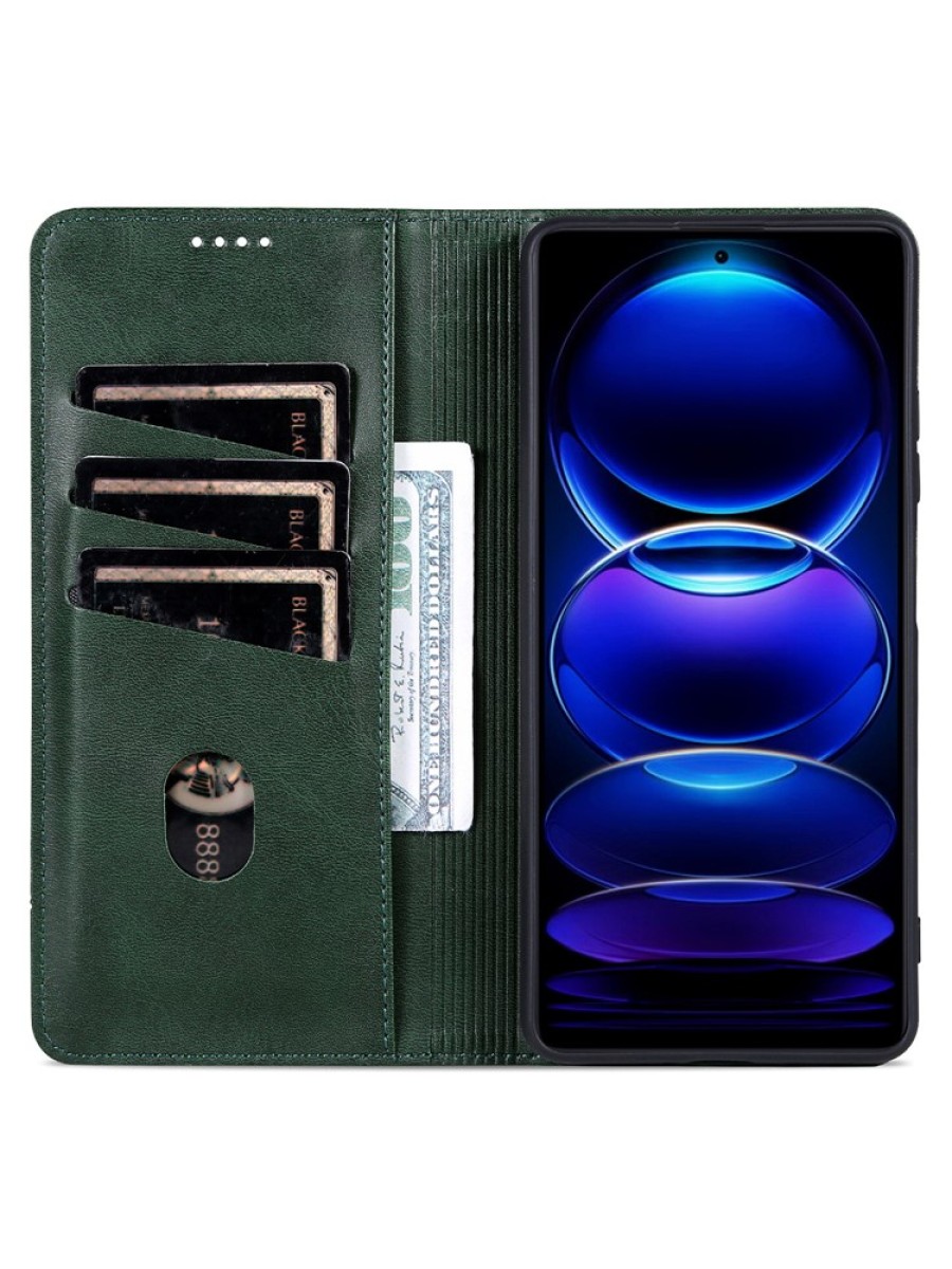 Калъф от еко кожа тип портмоне за Xiaomi Redmi Note 13R - зелен