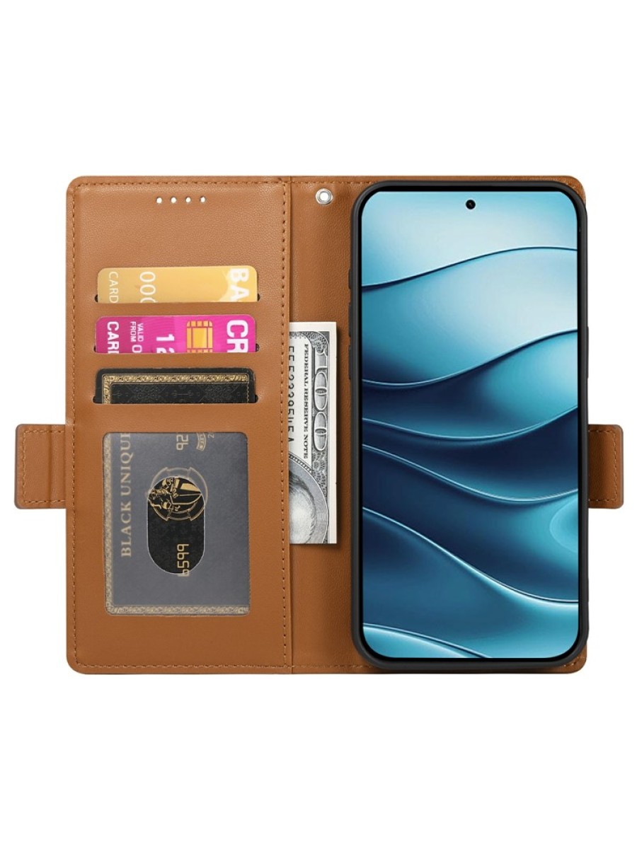 Калъф от еко кожа тип портмоне за Xiaomi Redmi Note 14 4G - кафяв