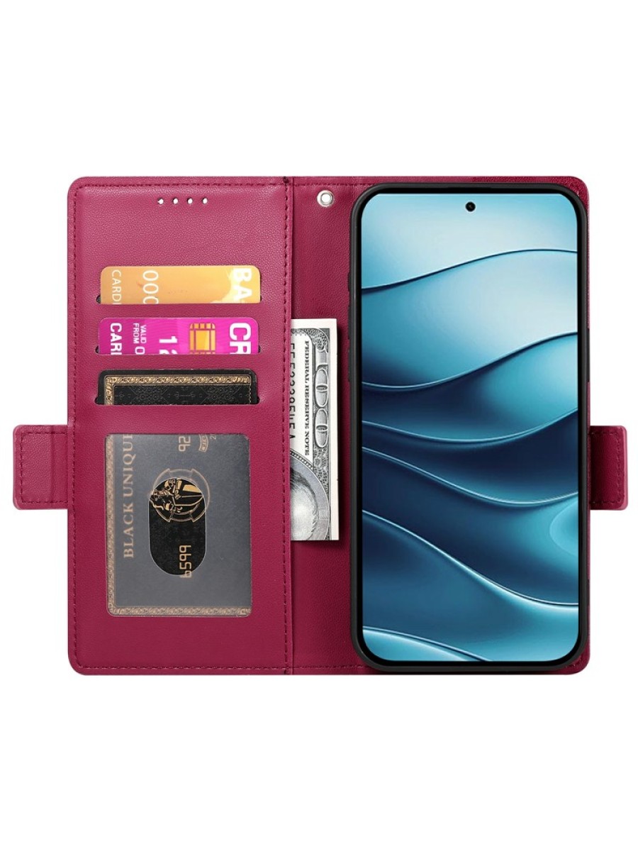 Калъф от еко кожа тип портмоне за Xiaomi Redmi Note 14 4G - червен