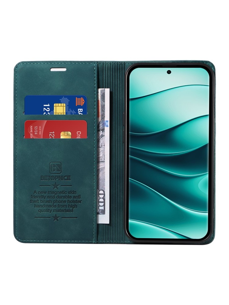 Калъф от еко кожа тип портмоне с RFID  блокираща технология за Xiaomi Redmi Note 14 Pro+ 5G - зелен