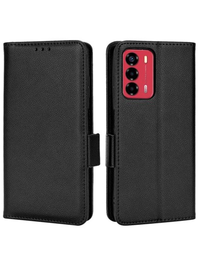 Калъф от еко кожа тип портмоне с личи текстура за ZTE Blade A72 - черен