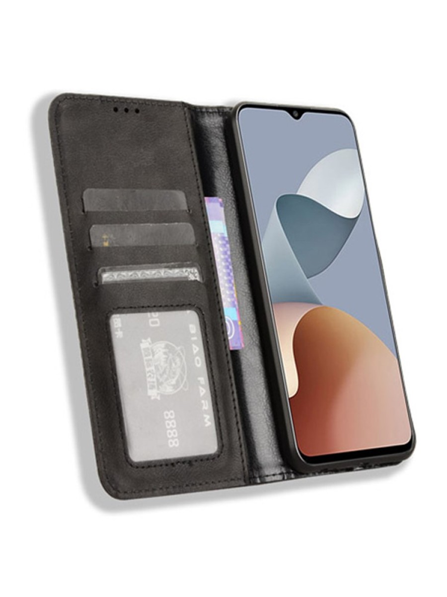 Калъф от еко кожа с ретро текстура тип портмоне за ZTE Blade A73 - черен