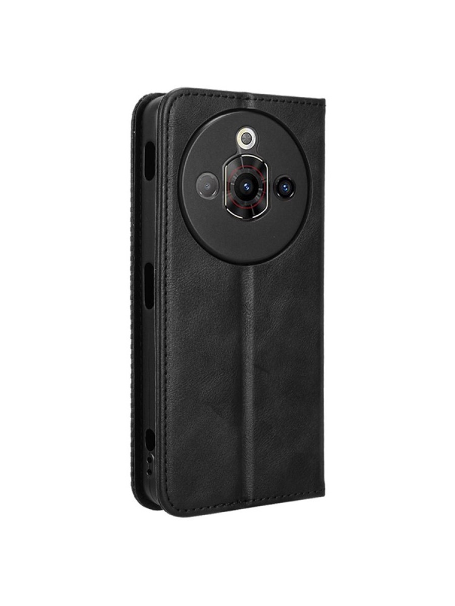 Калъф от еко кожа с ретро текстура тип портмоне за ZTE nubia Focus Pro - черен